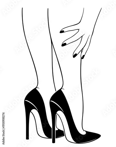 Sensual Female Legs in High Heels, Woman Touching Her Own Leg, Flirty Self Caress, Erotic. Pointed Toe Stiletto Pumps