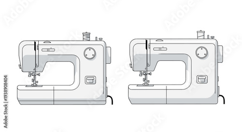 Pair of detailed line art illustrations showing a modern electric sewing machine for crafts and tailoring projects.