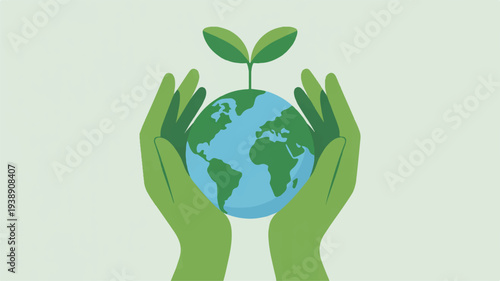 Green hands cradling a globe with a sprouting plant on a light green background symbolizing eco friendly care and environmental protection