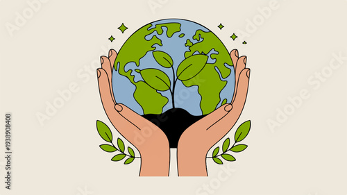 Hands cradling earth globe with green leaves sprouting symbolizing environmental care and sustainability