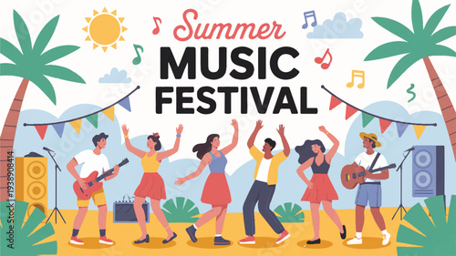 Vibrant summer music festival with people dancing and playing instruments outdoors under palm trees