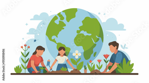 People planting flowers and taking care of the earth globe in background eco friendly concept with green and blue colors