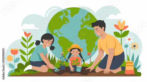 Family planting flowers together outdoors earth globe background eco friendly lifestyle