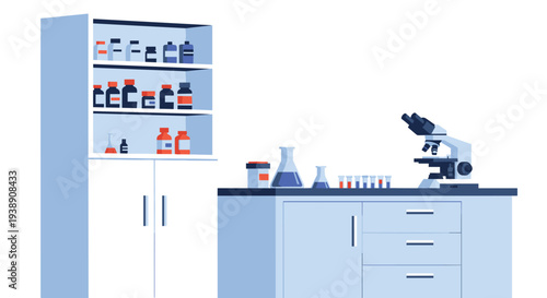 Modern science laboratory interior features a microscope, chemical flasks, and various reagent bottles on a workbench.