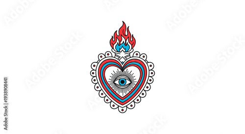 Traditional sacred heart illustration with a central eye, red and blue colors, and stylized flames on a white base.