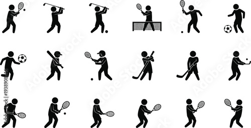 sports player silhouettes collection, tennis golf soccer hockey athlete icons set, active lifestyle sport poses isolated, flat vector illustration