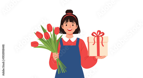 Cheerful young woman holding a bouquet of red tulips and a wrapped gift box celebrates a special holiday or birthday.