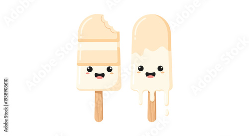 Two cute popsicle characters with smiling faces, one melting and one bitten, represent sweet summer treats in vector.