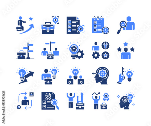 Career Strategy Icon Collection,  featuring Career goal, Target, Goal, Planning, Prospect, Career option, Career choise, Knowledge, Skills, Experience, Innovation, Creative, Brainstorming, Initiat.