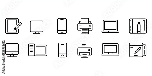 Technology device icons in two rows on a white background Keywords: technology, device, icon, computer, laptop, tablet