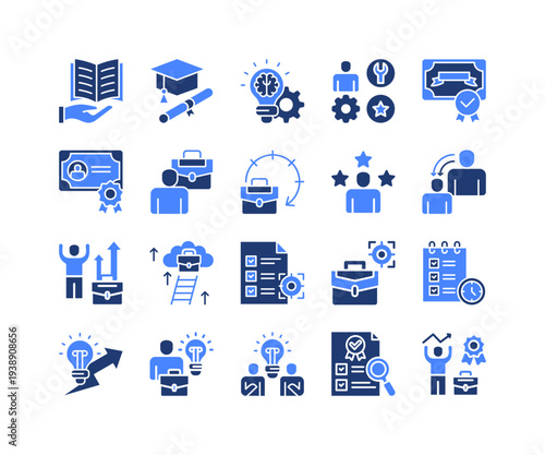 Learning Path Icon Collection,  featuring Educational, Academic, Knowledge, Skills, Certification, Qualification, Internship, Work experience, Experience, Mentorship, Career Devlopment, Career advanc.