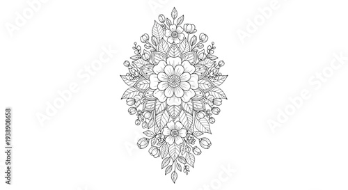 Intricate black and white floral mandala line art illustration featuring various blooming flowers and leaves in a vertical composition.