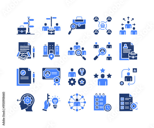 Career Transition Icon Collection,  featuring Career option, Career choise, Job search, Job oppurtunities, Outsourcing, Contract, Company, Recruitment, Hiring, CV, Resume, Qualification, Skills, E.