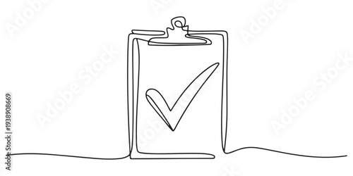 Continuous one line drawing of clipboard and pen design. clipboard with Good Marks with pass direction with tick mark. correction of error.. On white background.
