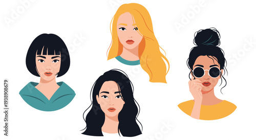 Set of four diverse female character avatars with different hairstyles and accessories including glasses and a stylish yellow shirt.