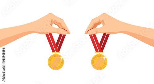 Two hands reaching out to hold gold medals with red ribbons representing victory, achievement, and successful athletic performance.