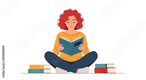 Red-haired woman sitting cross-legged on the floor and focused on reading a teal book with stacks of colorful books nearby.