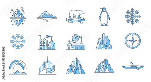 Collection of fifteen blue and white lineart icons related to polar environments and science