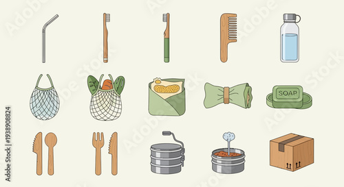 Collection of sustainable and reusable zerowaste product icons arranged in three rows