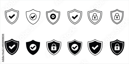 Shield icons with checkmarks and locks for security and protection on white background Keywords: shield, security, protection