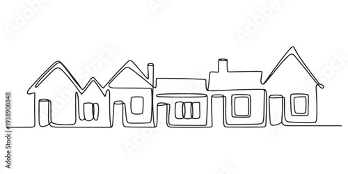 Continuous one line drawing of suburban house silhouettes isolated on white background minimalist architectural sketch for real estate and construction.