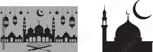Islamic silhouettes with mosque, quran, lanterns, stars and moon