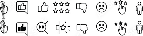 Set of feedback and rating icons including stars and faces on white background Keywords: feedback, rating, review, stars, like