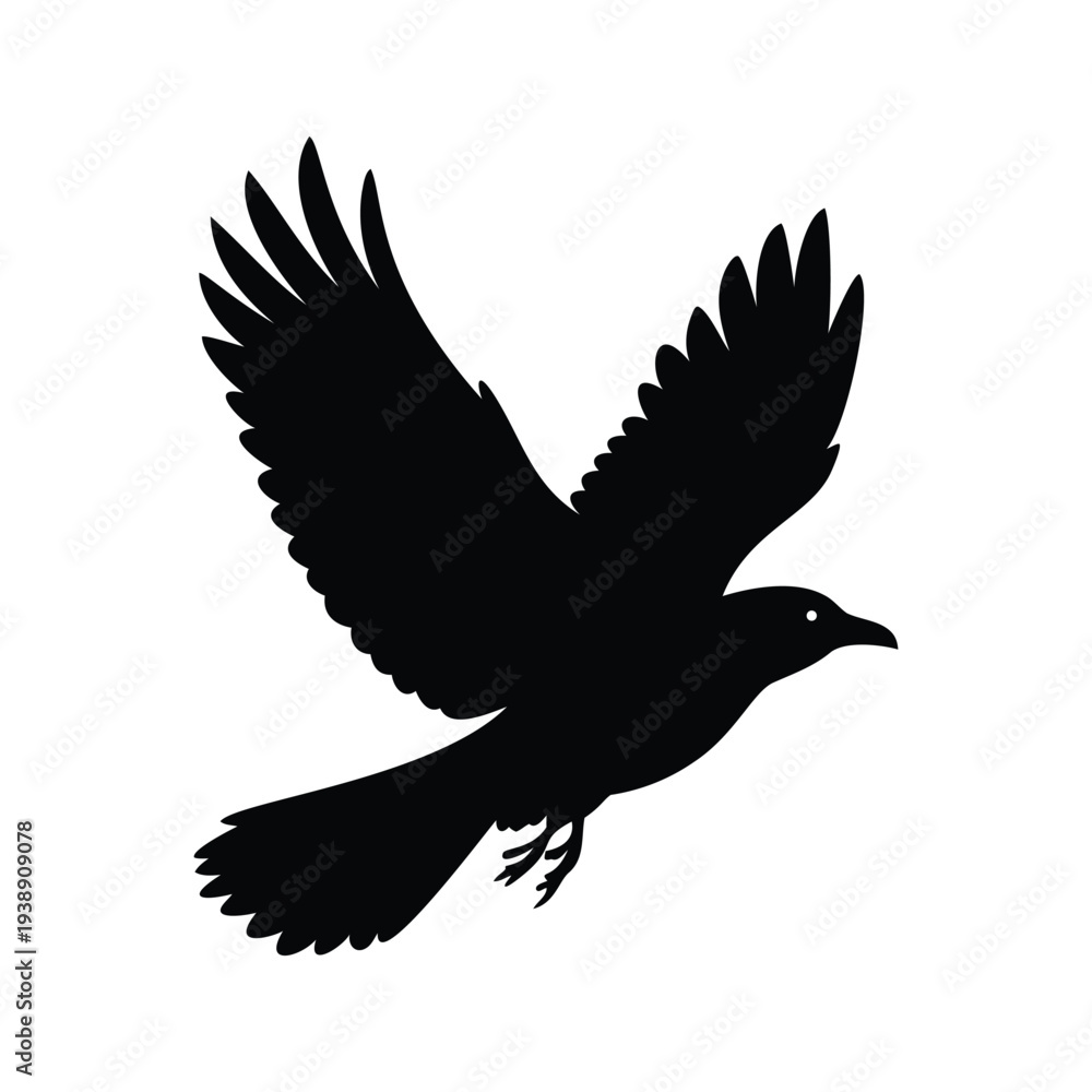 Fototapeta premium Black and white flying bird silhouette vector illustration wings spread, bird flying silhouette vector illustration