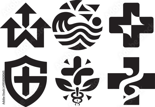 Medical cross logo collection with shield and caduceus symbol shapes