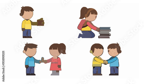Kind and Fair Little Children Showing Honest Behavior and Kind Actions Vector Illustration Set