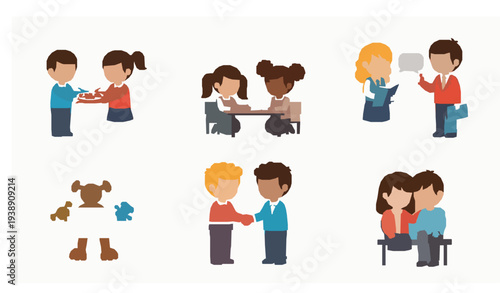 Cute Cartoon Children Practicing Kindness Honesty and Good Manners Vector Character Set