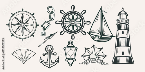 Nautical themed illustrations depicting ships anchors and lighthouse elements