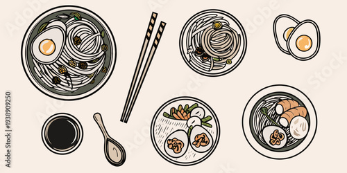 An illustrated collection of asian noodle soups eggs and side dishes