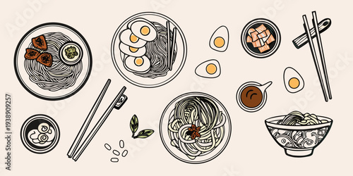 An assortment of ramen noodle dishes and accompanying elements illustrated