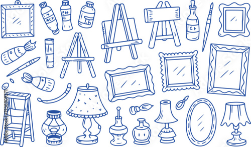 Collection of hand drawn art supplies and frames on transparent background.