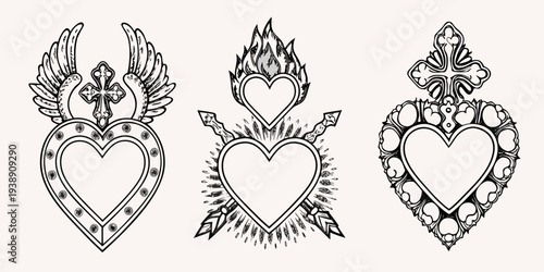 Three ornate sacred heart designs with wings flames and arrows