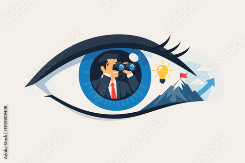 Business vision concept with a businessman looking through binoculars inside a large eye, discovering opportunities, success ideas, leadership goals, and growth strategies for future success.