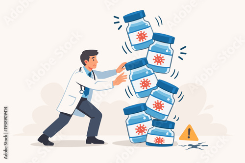 Medical doctor attempting to prevent a stack of COVID-19 vaccine vials from falling, symbolizing vaccine instability, potential side effects, efficacy rates, and healthcare crisis management.