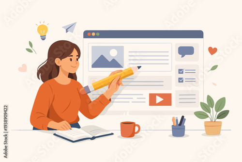 Creative Content Writer or Blogger Editing Online Article on Digital Screen with Large Pencil. Woman Copywriter Working on Blog Post, Social Media Marketing, and Digital Publishing Illustration.