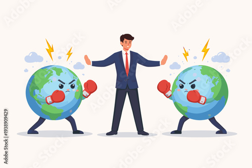 Businessman acting as a mediator to stop conflict between two angry Earth globes wearing boxing gloves, representing global diplomacy, leadership skills, negotiation, and conflict resolution.