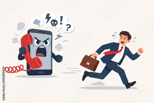 Stressed Businessman Running Away from an Angry Smartphone Character Holding a Red Telephone, Symbolizing Customer Complaints, Dissatisfaction, Negative Feedback, and Bad Service Communication.
