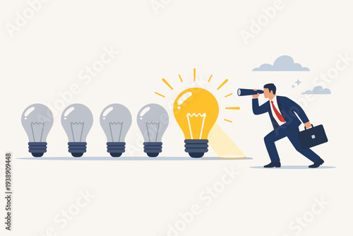 Businessman with Telescope Finding a Glowing Lightbulb Among Dull Ones, Symbolizing Innovation, Creative Vision, Discovering New Opportunities, Business Success, and Unique Breakthrough Ideas.