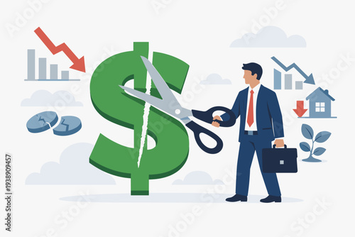 Businessman in suit cutting a large green dollar sign with scissors, representing budget cuts, expense reduction, economic recession, financial crisis, lowering interest rates, and loan debt decrease.