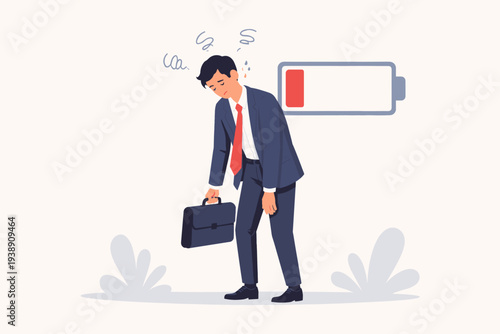 Tired businessman suffering from burnout and fatigue after hard work. Illustration of an exhausted professional with low battery icon, representing stress, anxiety, and mental health issues.