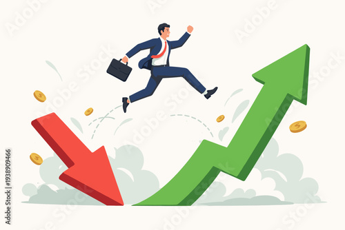 Businessman Jumping from Red Downward Arrow to Green Upward Arrow Representing Economic Recovery, Stock Market Rebound, Financial Growth, Success, Investment Strategy, and Business Pivot Concept.