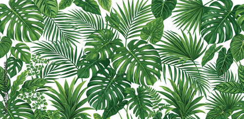 A lush, vibrant jungle scene captured from a high angle, featuring a dense collection of tropical leaves and foliage.