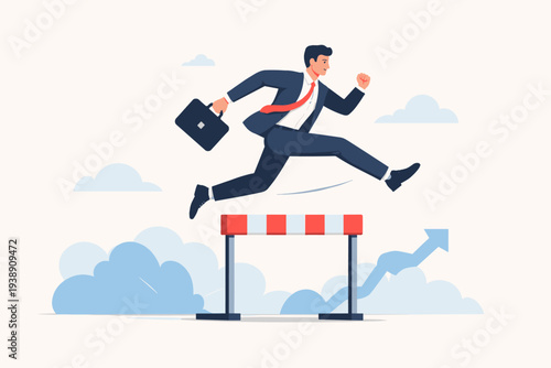 Ambitious Businessman in a Suit Jumping Over a Hurdle Obstacle, Concept of Overcoming Challenges, Achieving Success, Career Growth, and Reaching Goals, Vector Illustration of Business Progress.