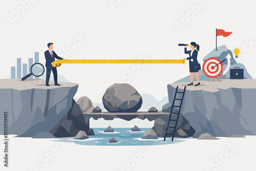 Gap Analysis Concept with Business People Measuring Distance Between Cliffs to Reach Target Goal. Strategy, Planning, and Overcoming Obstacles for Success in Corporate Environment Vector Art
