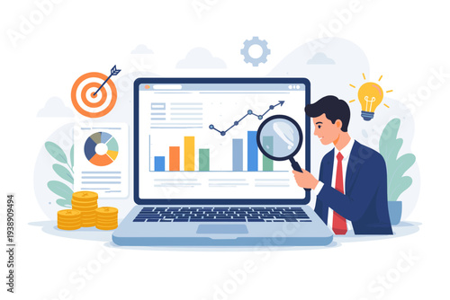 Professional businessman analyzing financial market research data on a laptop with a magnifying glass. Concept of business growth, SEO analytics, profit report, strategy, and creative ideas.