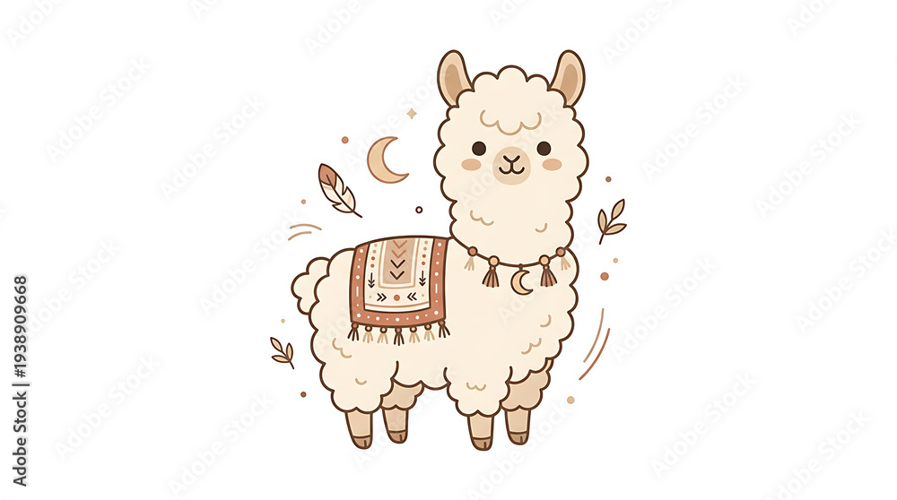 Fototapeta premium Cute Cartoon Alpaca with Saddle Illustration.